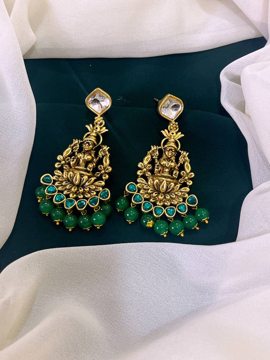 Lord Lakshmi in Emerald with White Stone Nakshi Earrings - NE0128