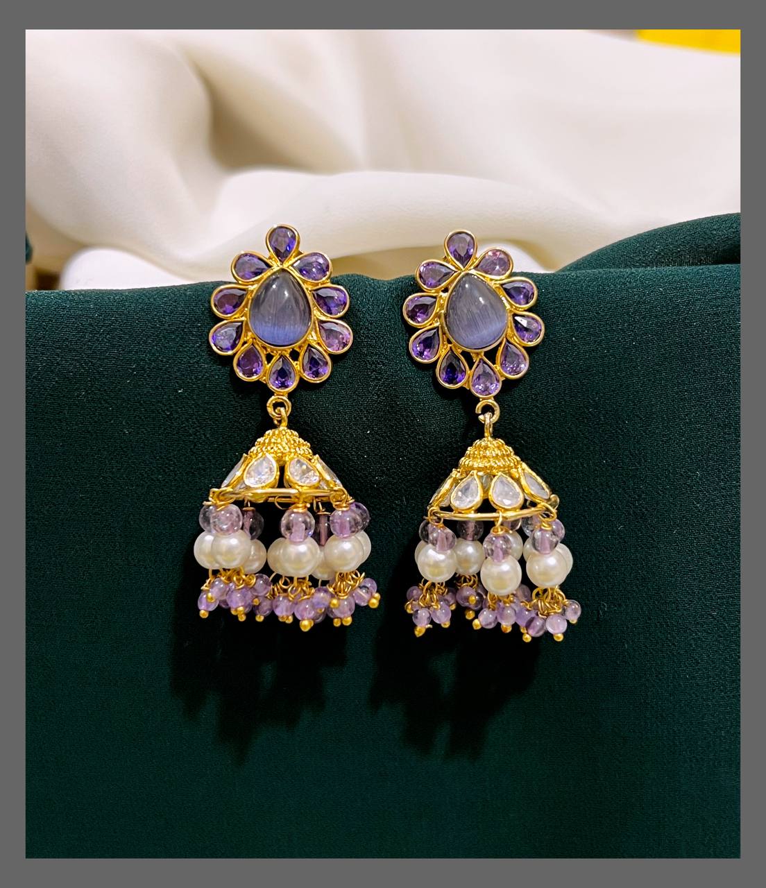 Purple Stone Jhumki With White Pearl In Nakshi Earrings - NE00340