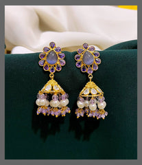 Purple Stone Jhumki With White Pearl In Nakshi Earrings - NE00340
