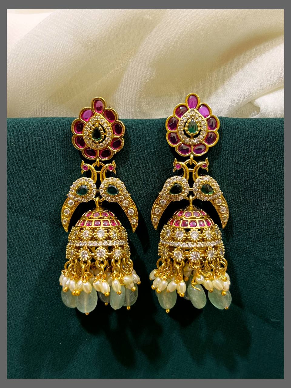 Beautiful Peacock Jhumki With Pearls In Nakshi - NE00442