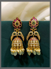 Beautiful Peacock Jhumki With Pearls In Nakshi - NE00442