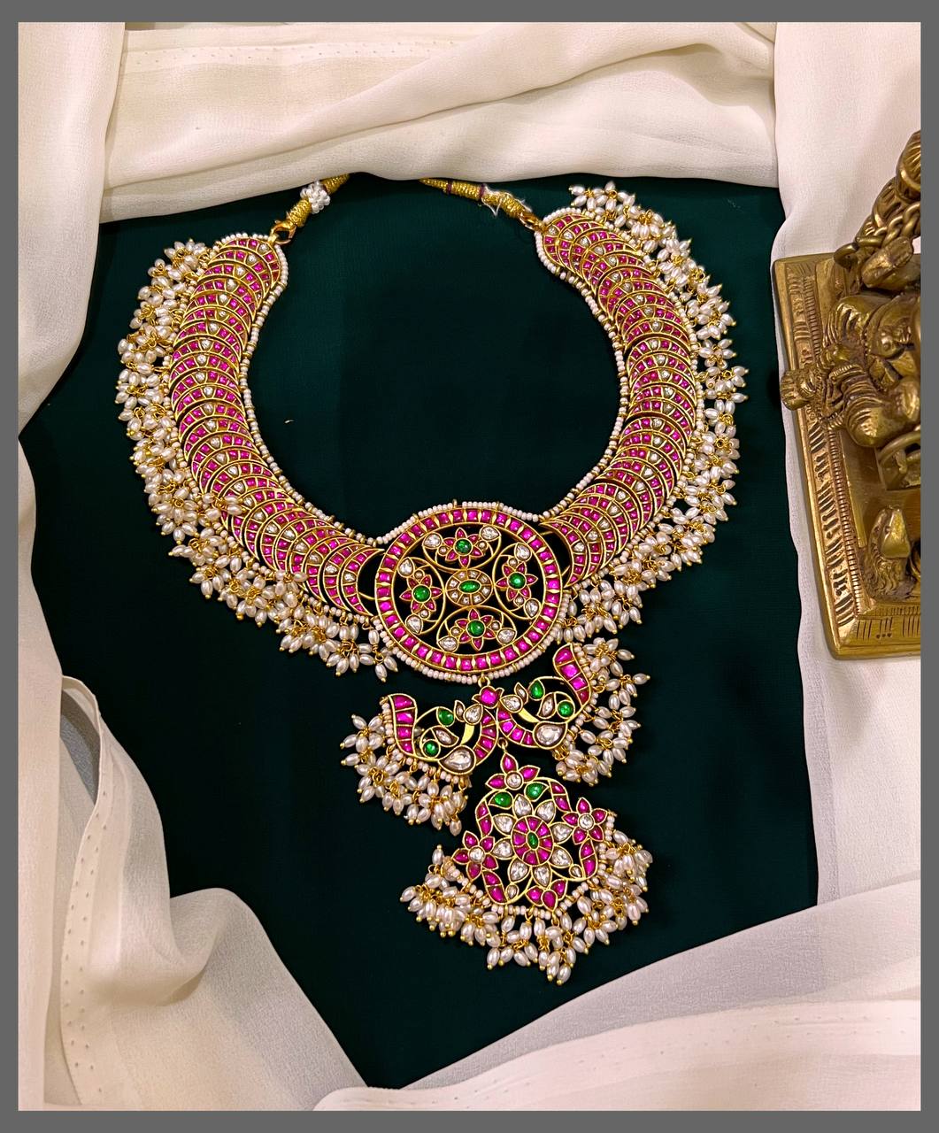 Jadau Moon Neckalce With Rice Pearls And Double Pendant - KN00461