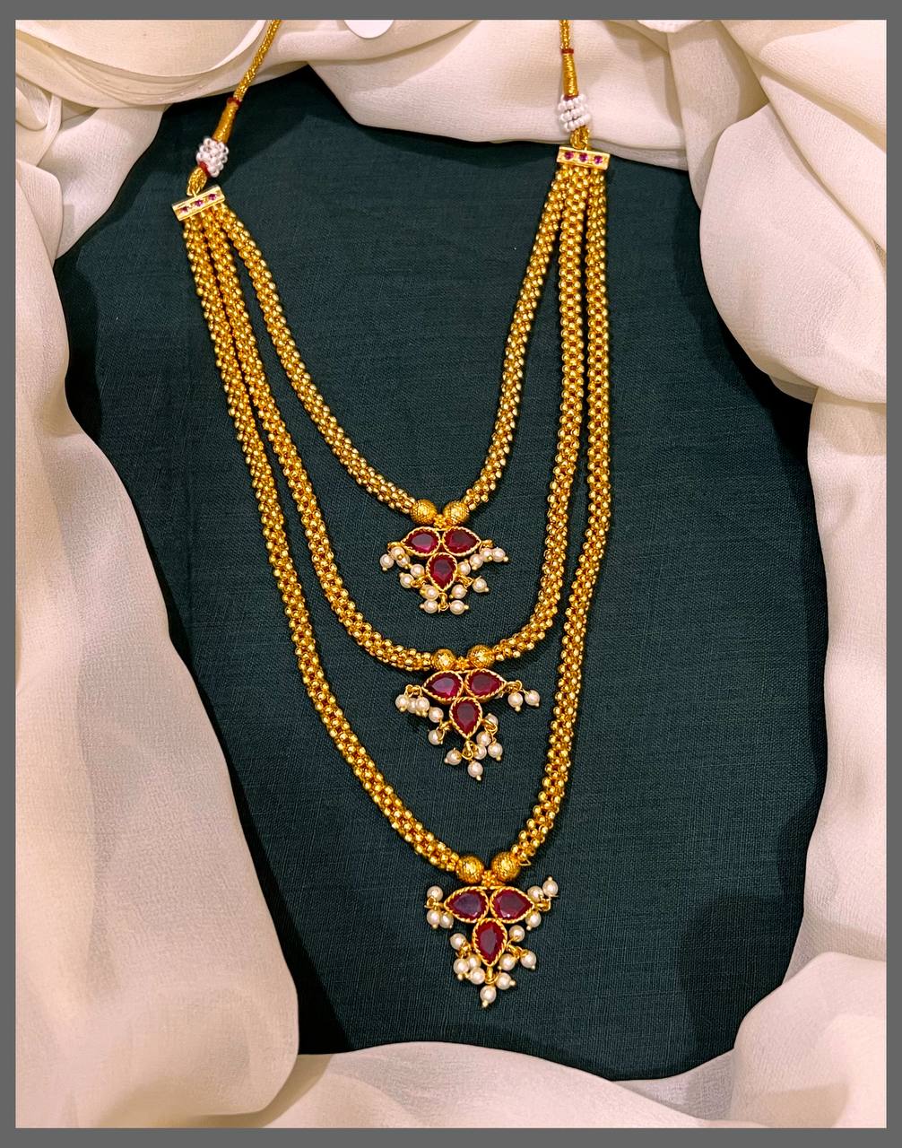 3 Layer Golden Pearl with Small Ruby pendent - PB00237