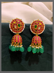 White pearl with Ruby Flower Jhumki  Earring in Kundan - KE00496