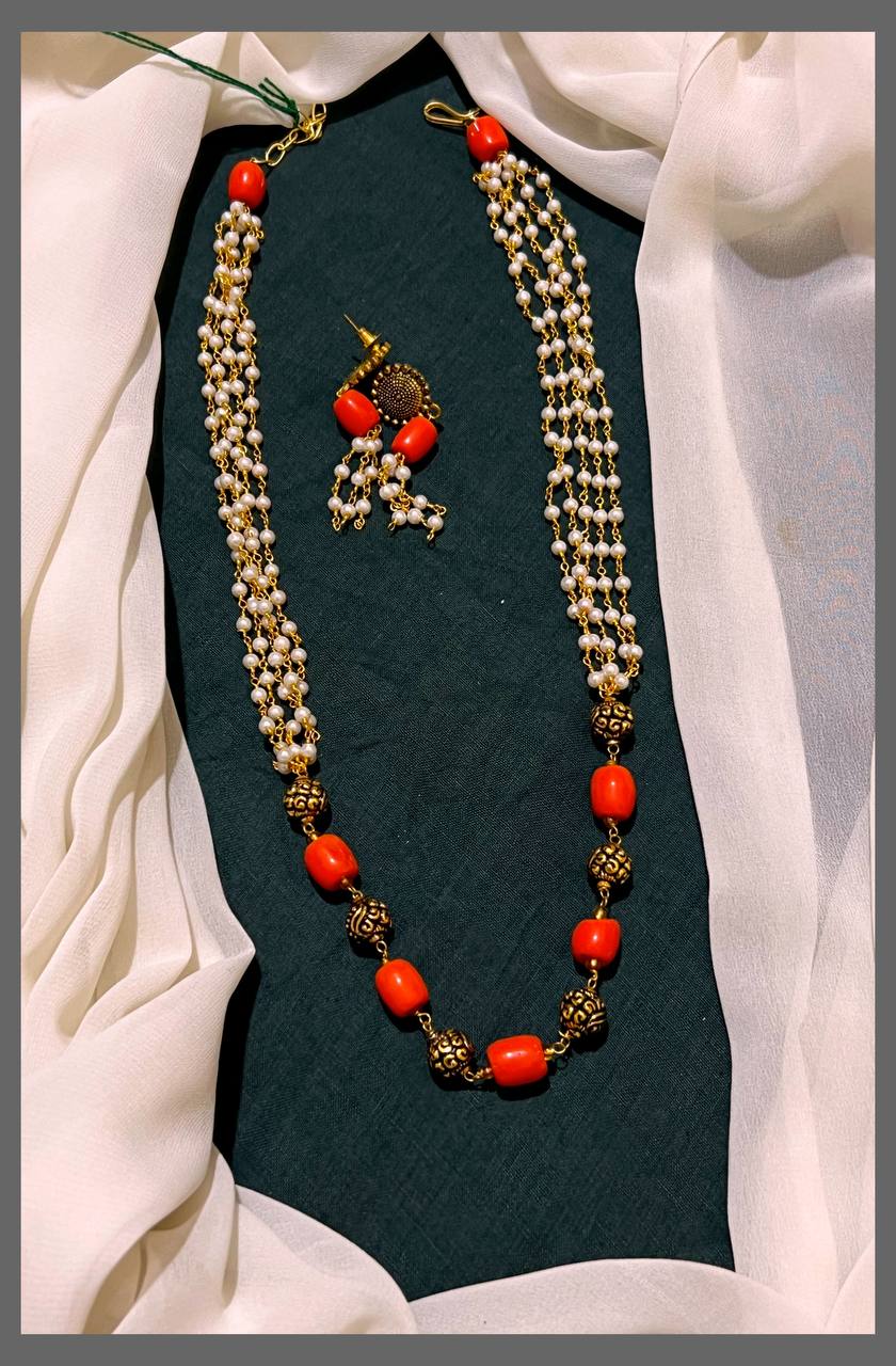 Small Cream Pearl with Coral and Gold Haram - PB00289