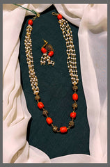 Small Cream Pearl with Coral and Gold Haram - PB00289