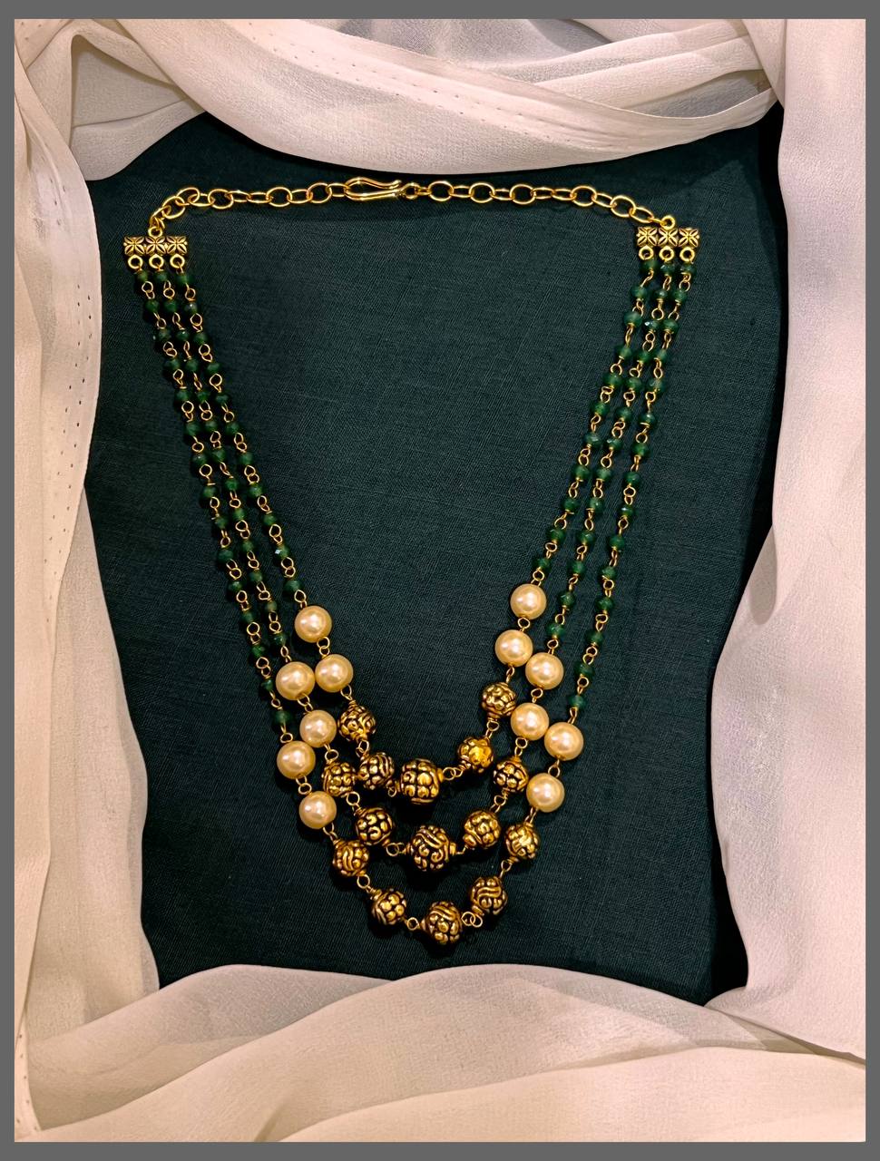 Beautiful 3 Layer Beads Haram with Cream and Gold Beads - PB00397