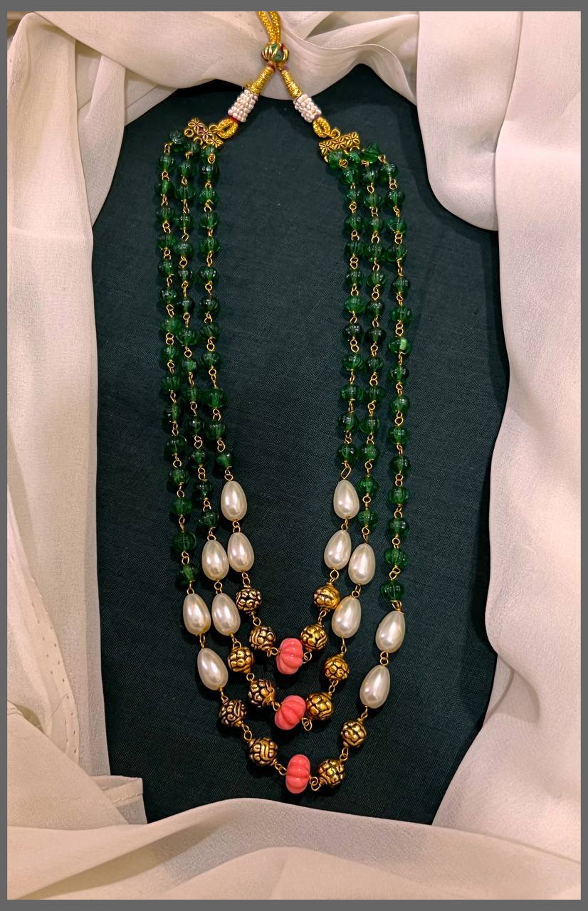 3 Layer pearl Haram with white Gold and Pink Beads - PB00404