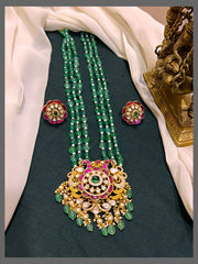 Emerald 3 layer Beads Haram with Pecock Kundan Pendant - PB00425