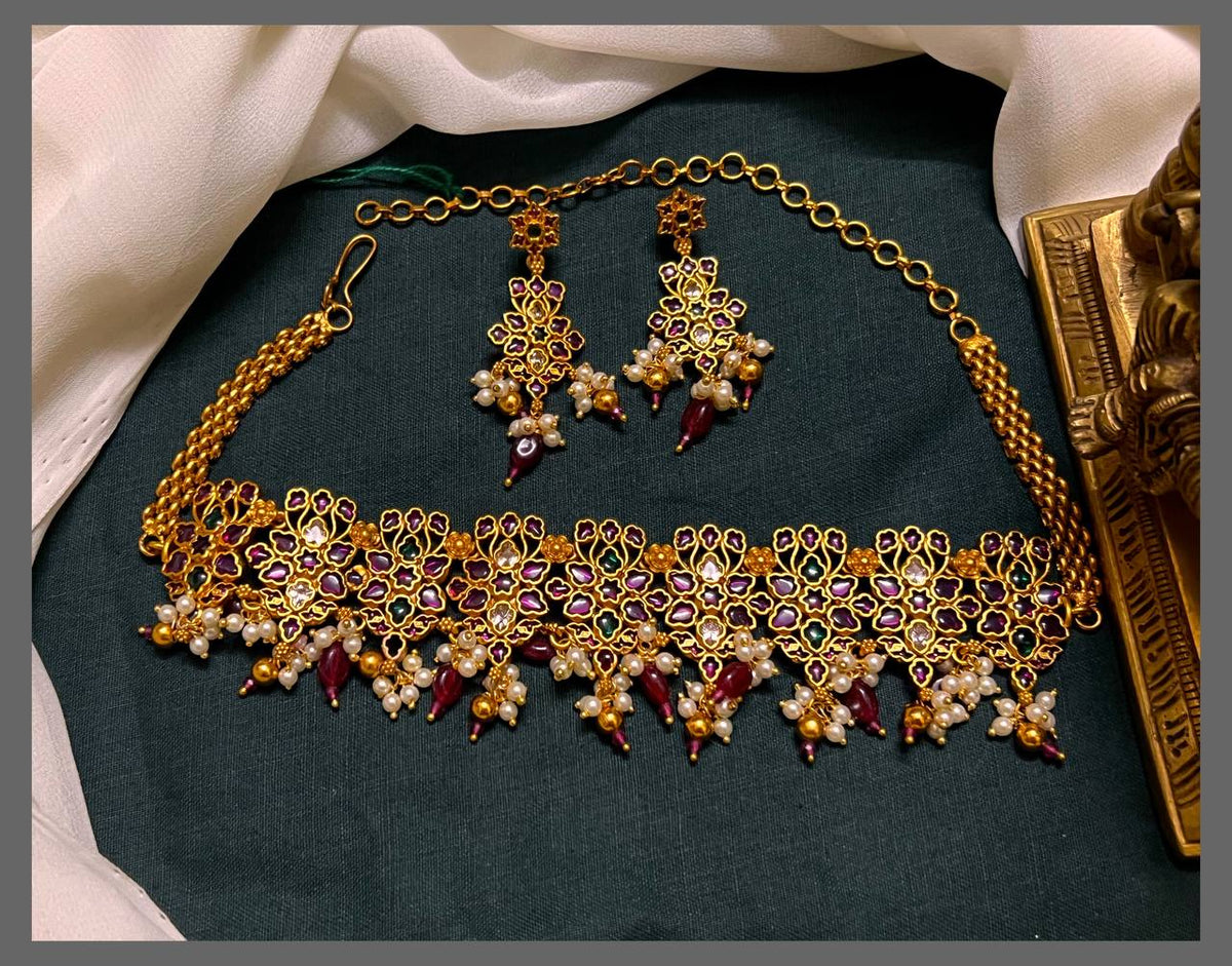 MultiColor Flower Choker In Nakshi - NN00678