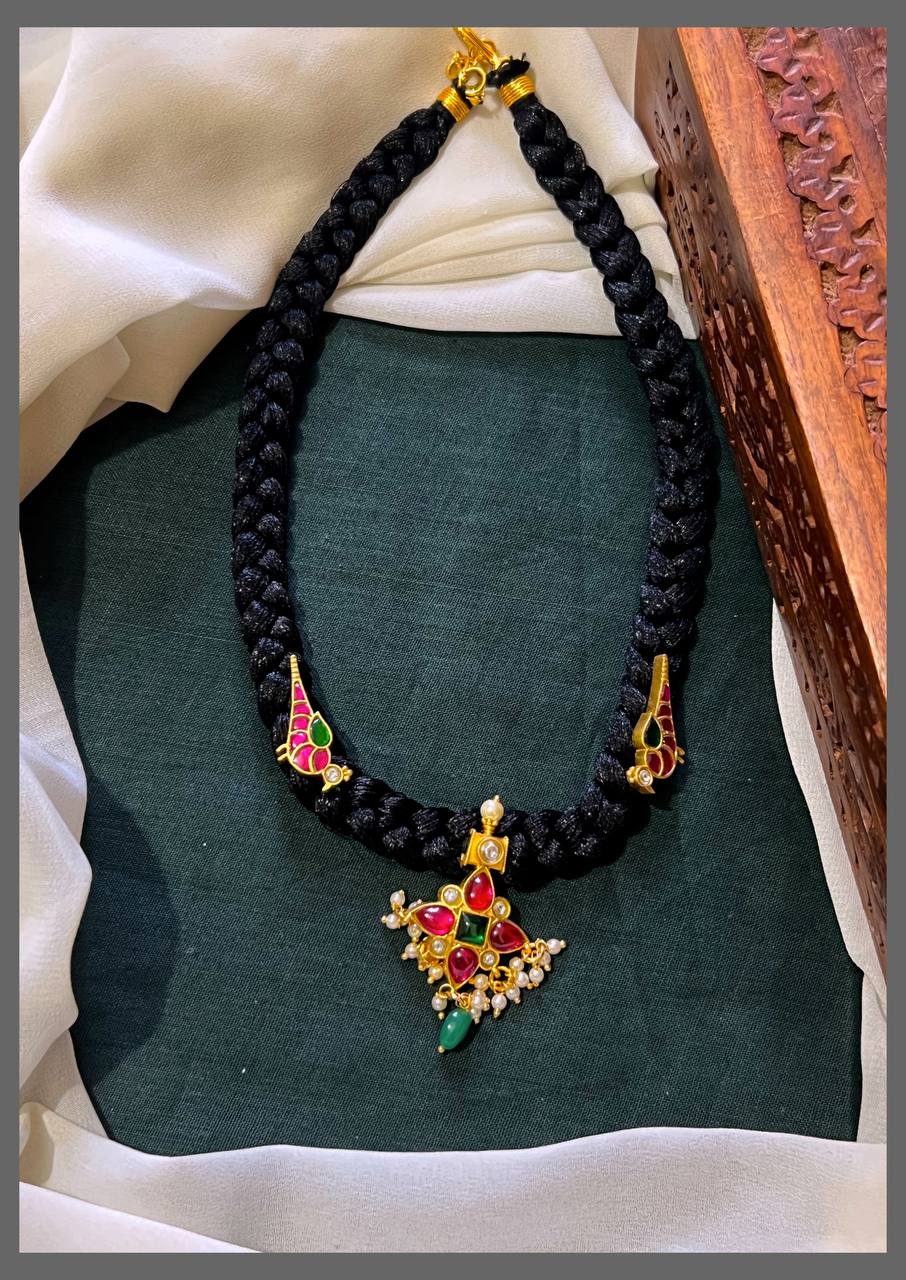 Flower Kundan Pendant with Beautiful Parrot Side Pendant Necklace in Black Dori- BD00107