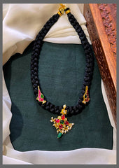 Flower Kundan Pendant with Beautiful Parrot Side Pendant Necklace in Black Dori- BD00107