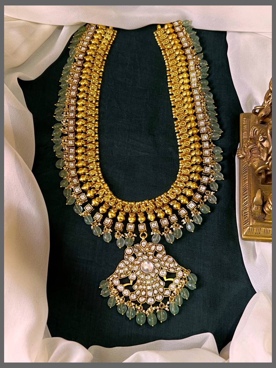 Gandaberunda White Stone Pendant with With Jadau Stone Haram - KH00338