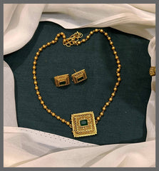 Gold Beads Necklace with Beautiful Emerald Pendant in Nakshi - PB00487
