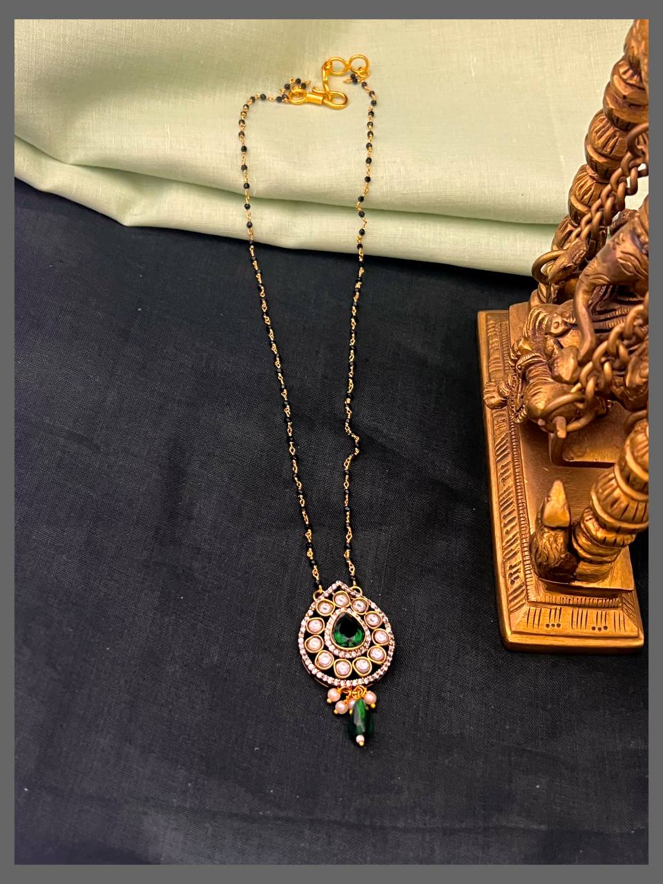 DewDrop white stone Victorian Pendant with Black Beads Haram - BD00131