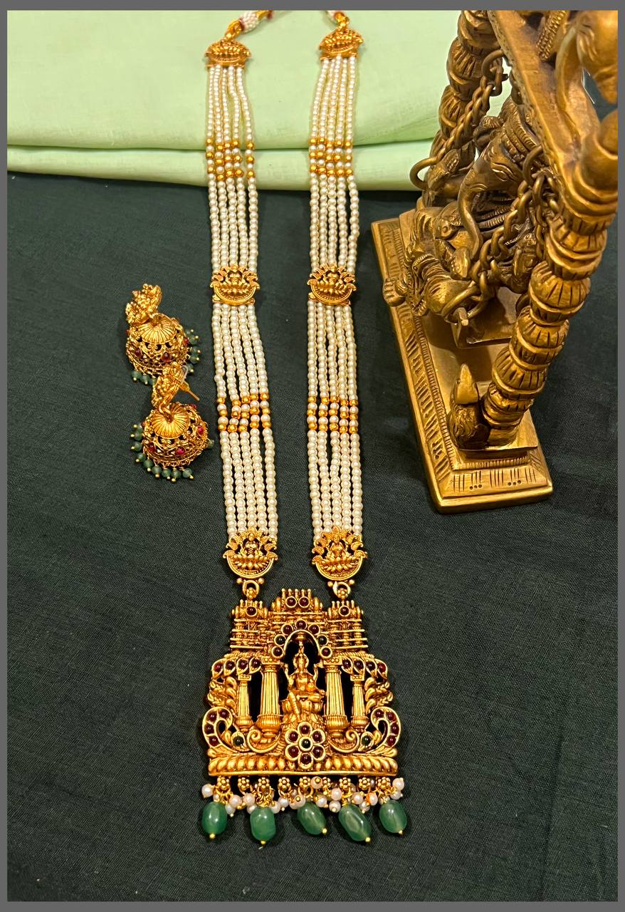 5 Layer White Pearl Haram with Lakshmi Pendant in Nakshi - PB00528