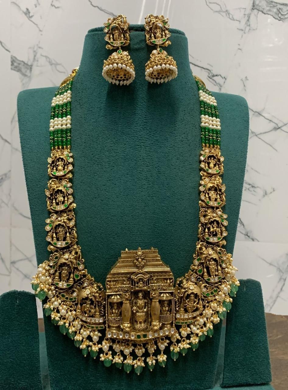 Antique Polish Jadau Lakshmi Haram With beads - PB00575