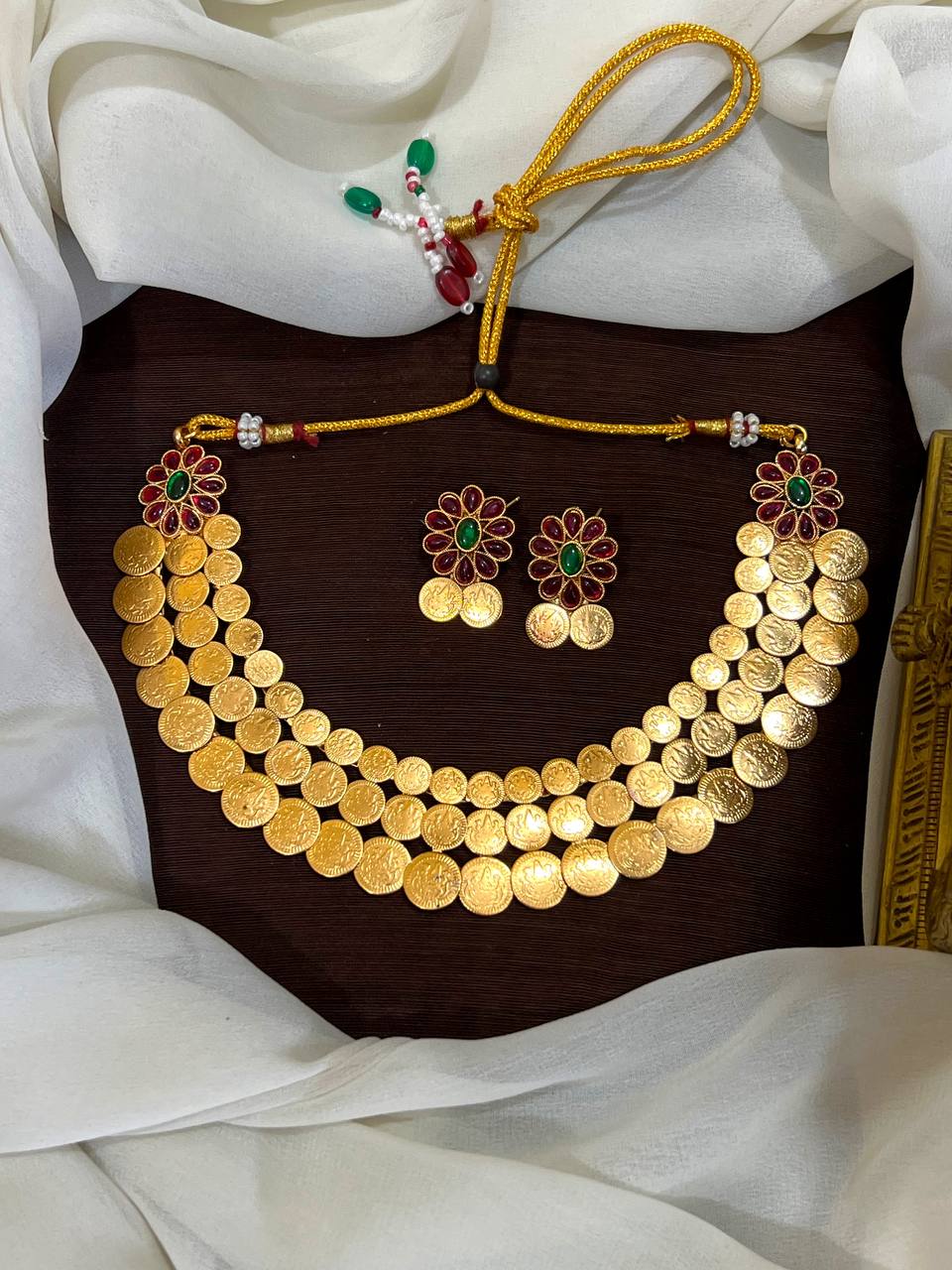 Double Step Kaasu Necklace with Kempu Stone - NN0020