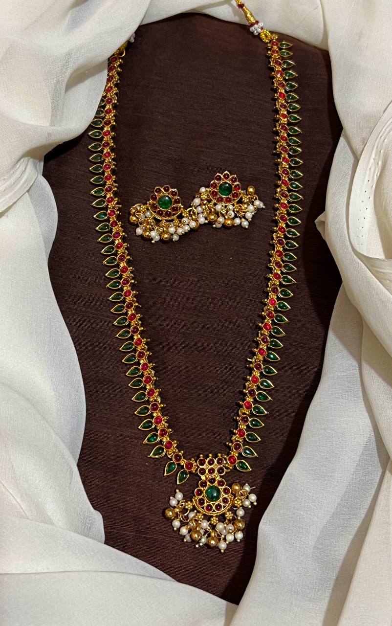 Nakshi Pattern Kempu Stone Long Haram - NH00479