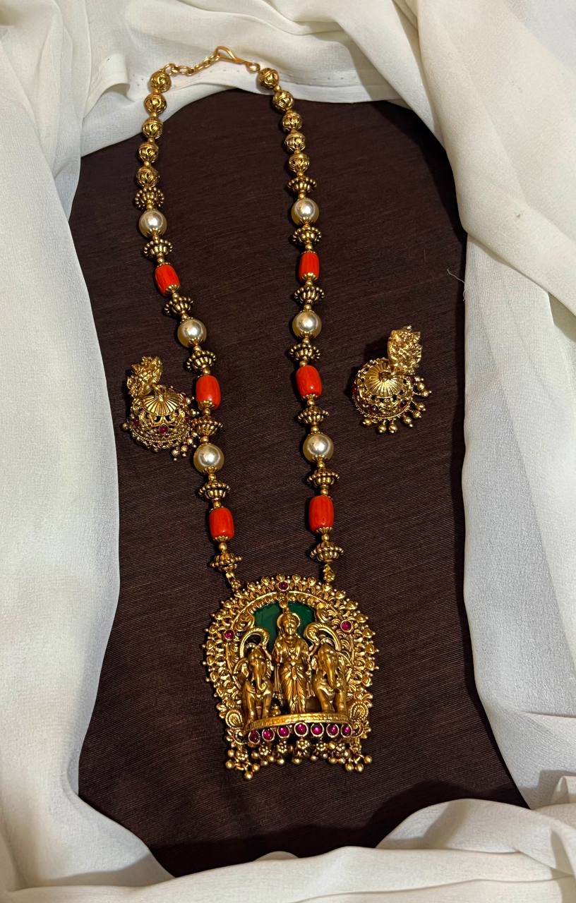 Ganesha Lakshmi Pendant With Coral and Pearl - PB00437