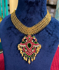 Jadau Stone Gandaberunda Pendant With back Hook and Jaali chain - KN00684