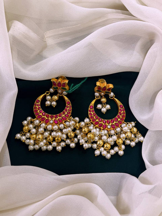 Chand Bali Lotus in Ruby with Emerald Kundan Earrings - KE0079