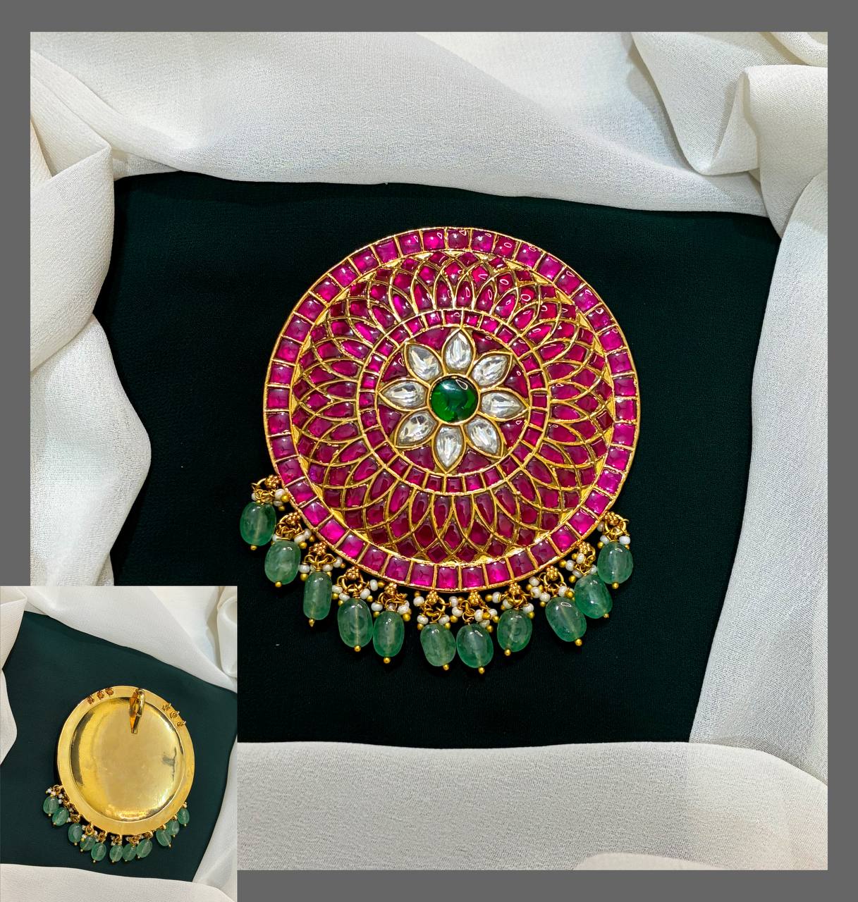 Padmam Pattern Round Jadau Pendant With Strawberry Beads - KP0046