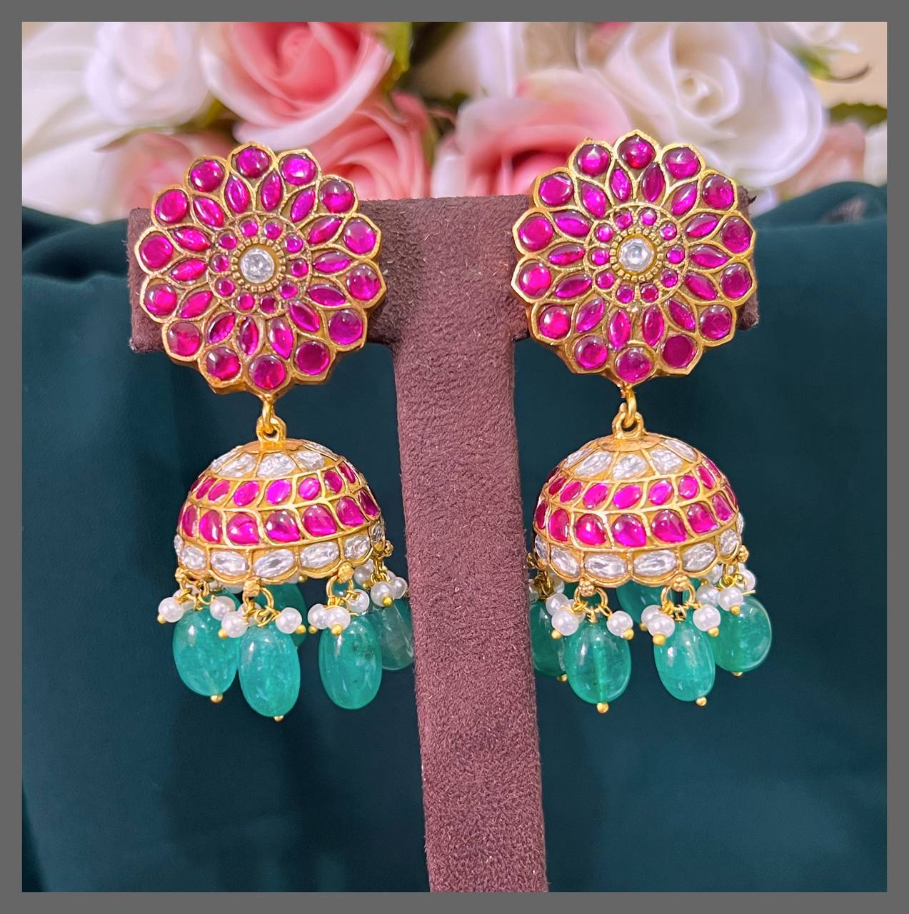 Beautiful Ruby Flower jhumki in Kundan - KE00482