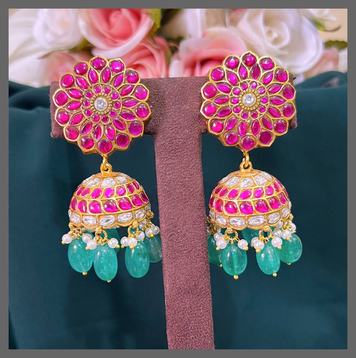 Beautiful Ruby Flower jhumki in Kundan - KE00482