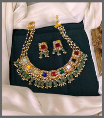 Navarathna Pearl Ser In Jadau WIth Earrings - KN00465