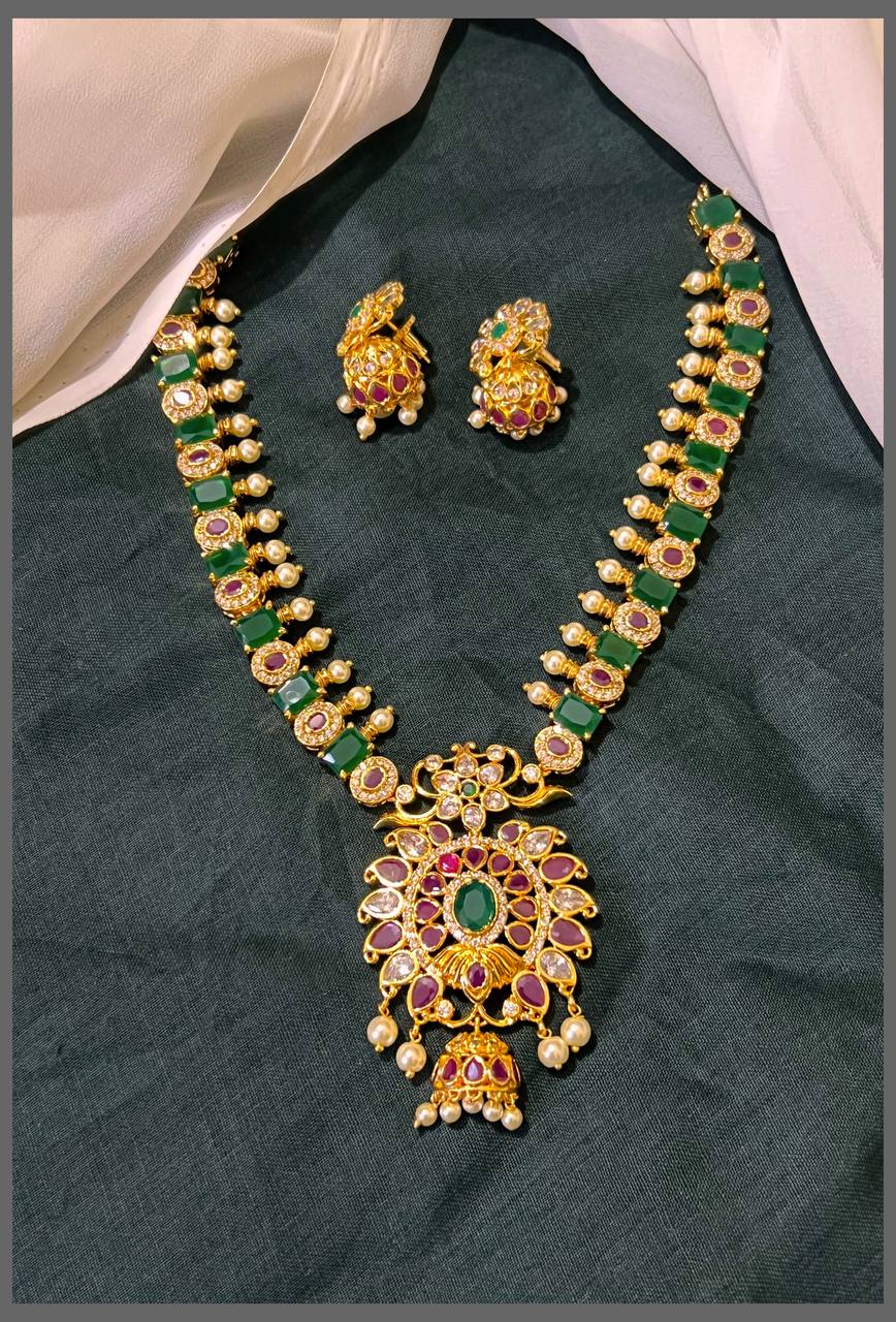 Emerald and White Stone Necklace with Beautiful Pendant in Nakshi - NN00566