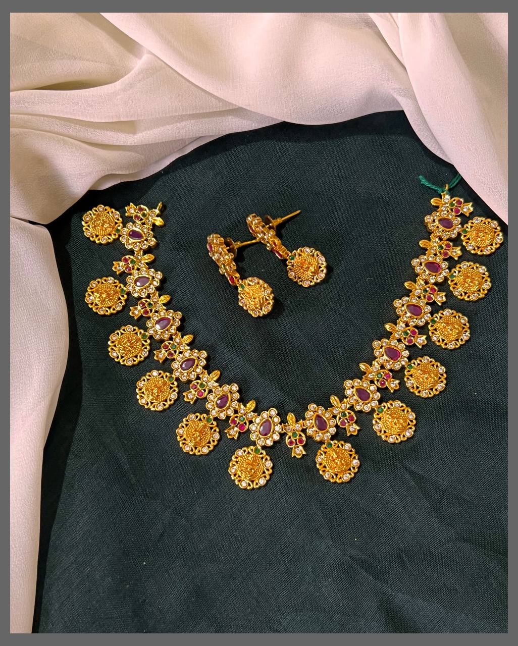 Small Lakshmi Pendants Necklace with White stone in Nakshi - NN00577