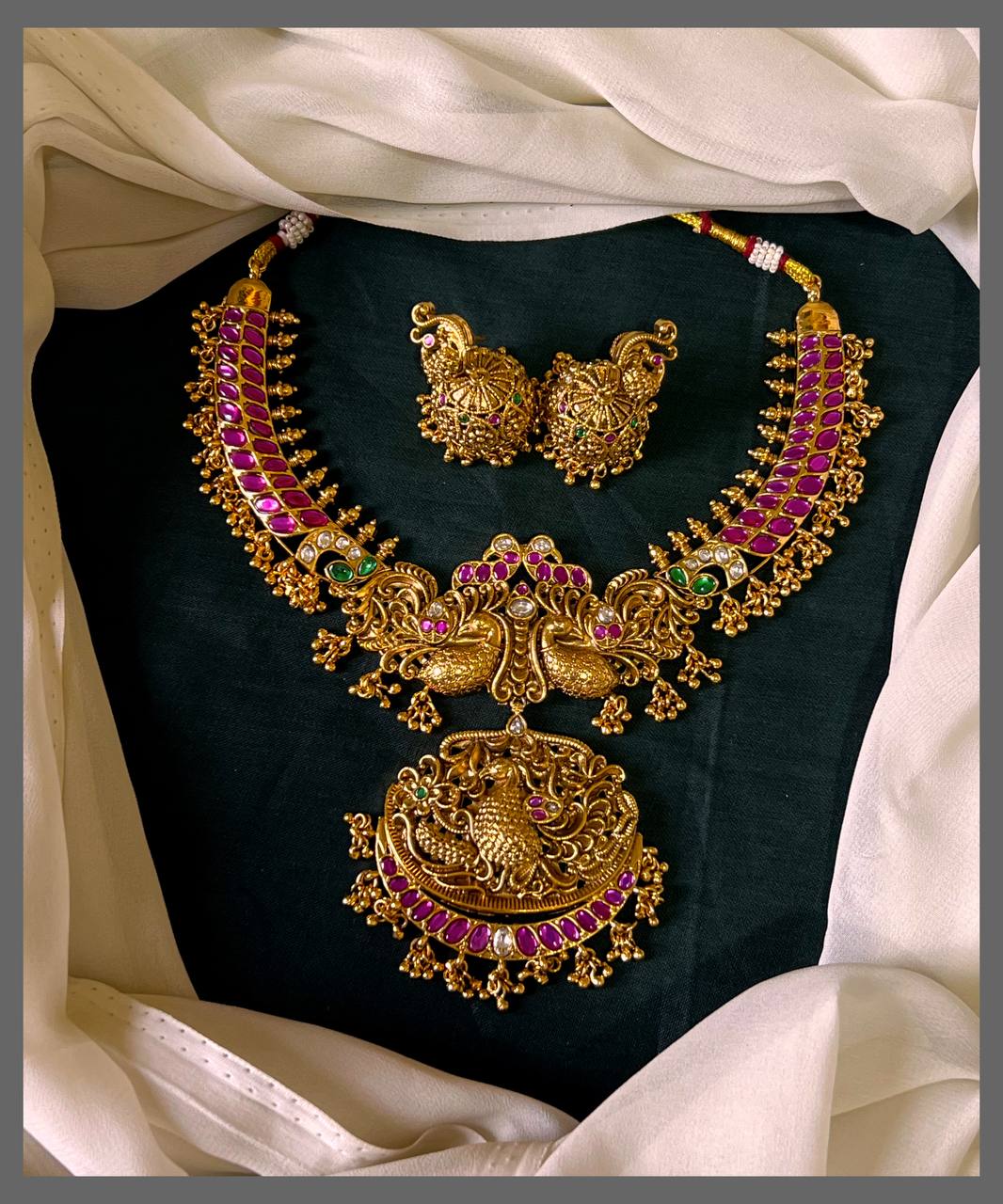 Rich Ruby Peacock Necklace with Peacock Pendant in Kundan - KN00526