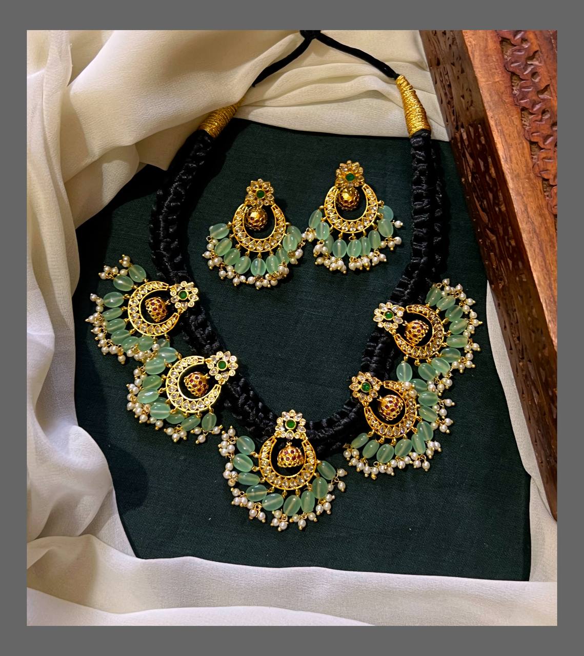 Chand Bali Necklace with Little green Pearl In Black dori - BD00108