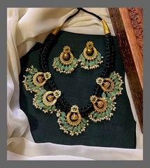 Chand Bali Necklace with Little green Pearl In Black dori - BD00108