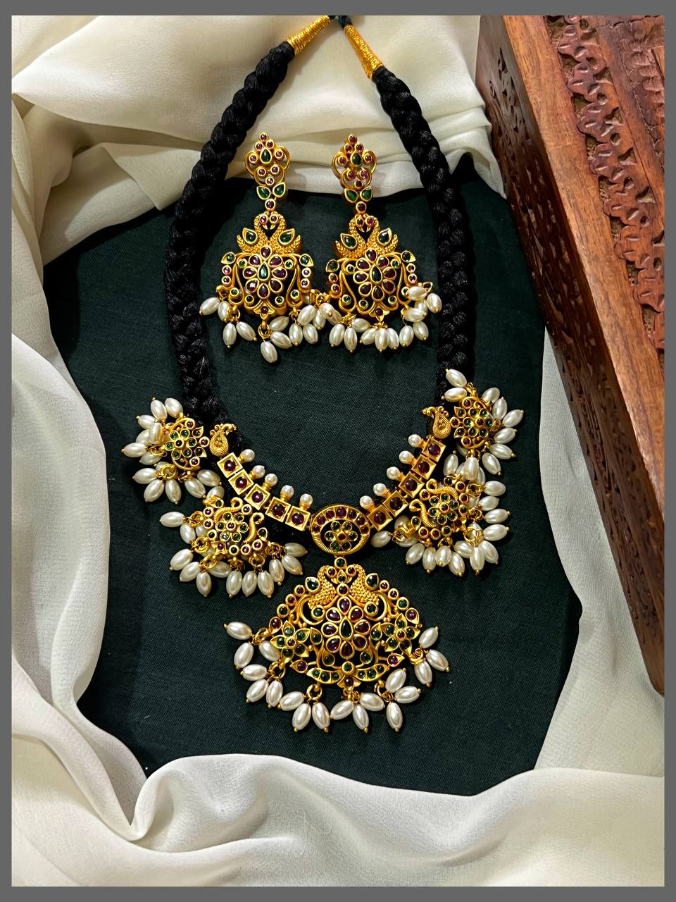 Rice pearl Emerald Peacock Necklace in Black dori - BD00118