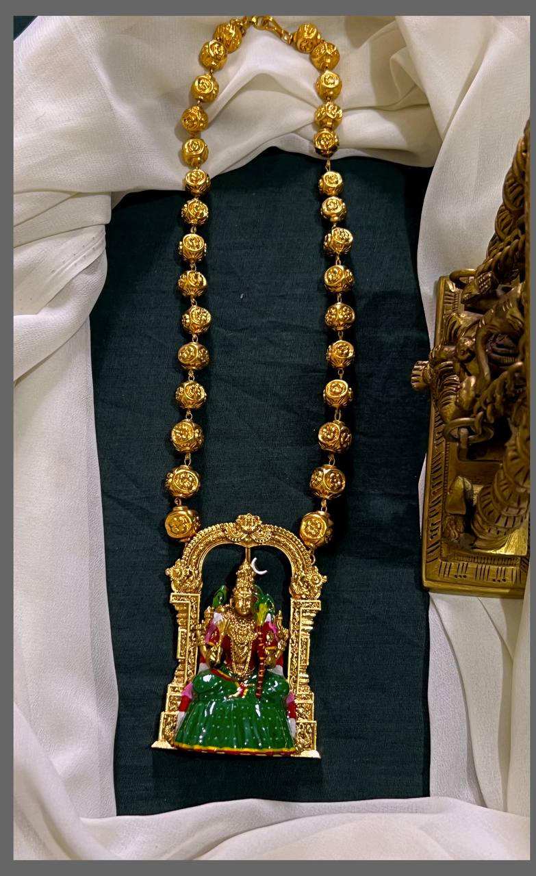 Madurai Meenakshi Kundan Pendant Haram with Gold Beads - PB00471