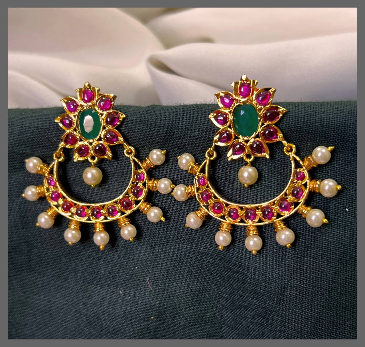 Ruby Flower with Chand bali Hugging Earring in Nakshi - NE00612