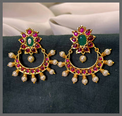 Ruby Flower with Chand bali Hugging Earring in Nakshi - NE00612