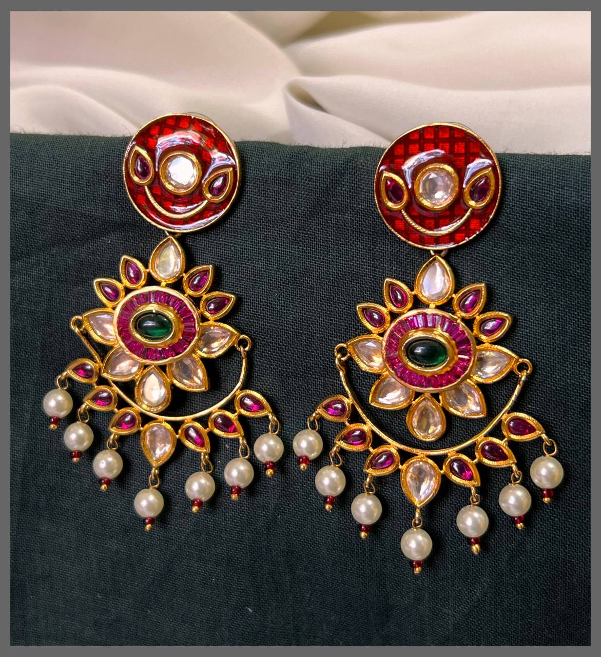 Rich Beautiful Ruby Flower Hugging Earring in Kundan - KE00559