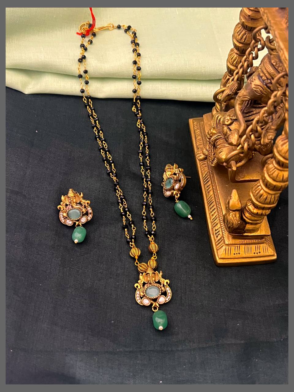 Lord Ganesh Pendant with Black Beads Haram - BD00127