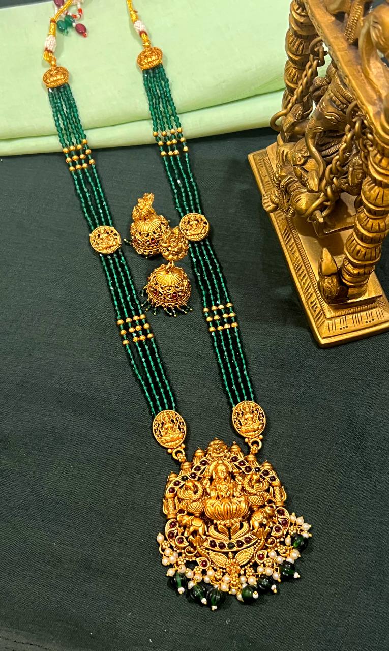 4 Layer Green Pearl Haram with Lakshmi Pendant in Nakshi - PB00529