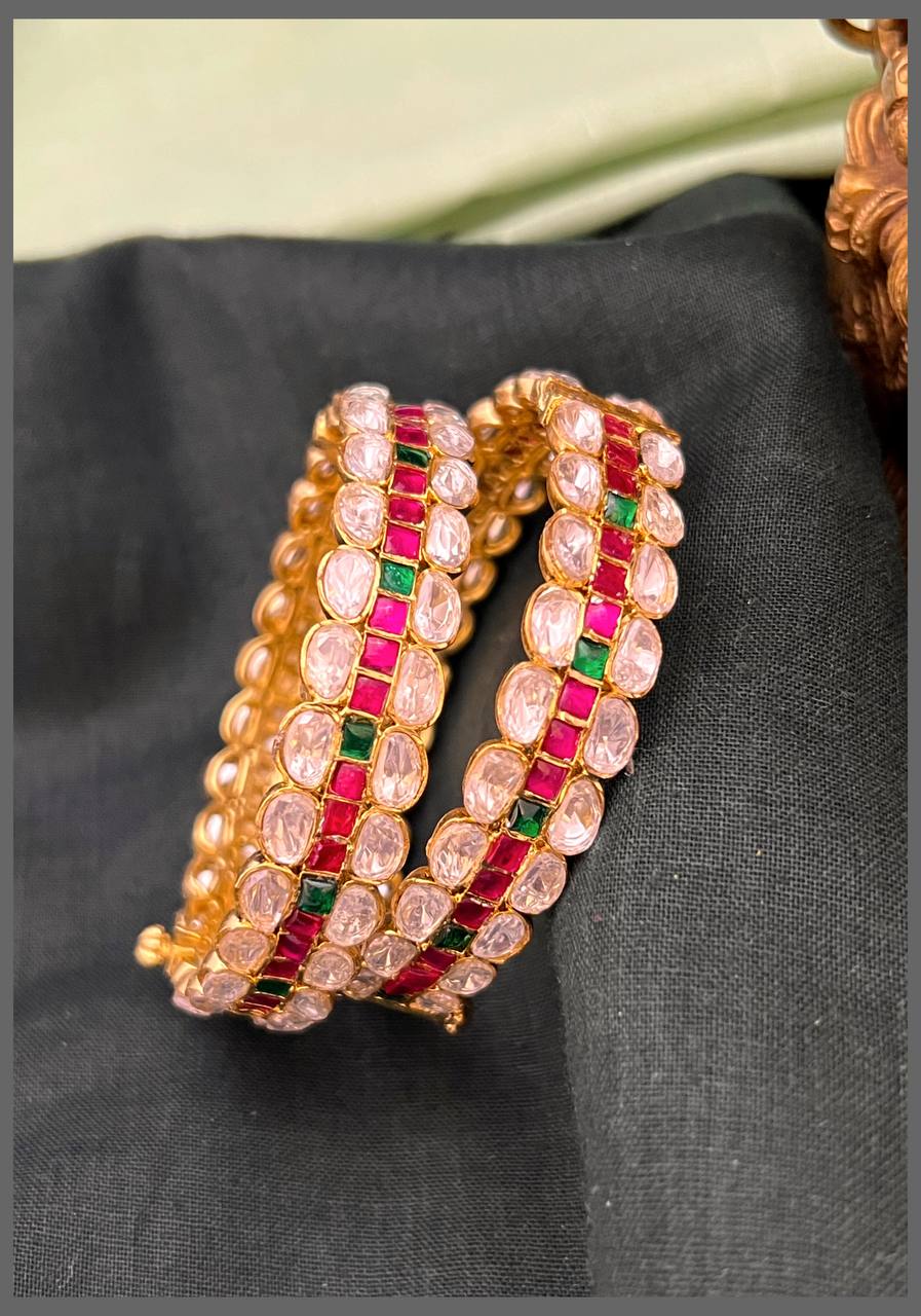 White Stone and multi Colour Mozonite Bangles in Kundan - BG00598