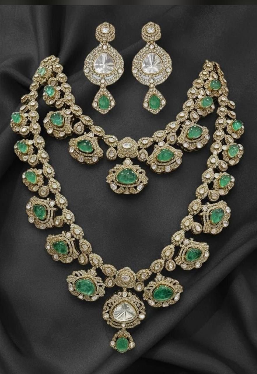 Victorian Mozonite Emerald Layer Long Bridal Haram With Earrings - VH0060