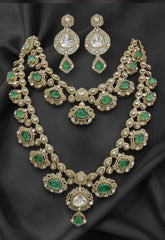Victorian Mozonite Emerald Layer Long Bridal Haram With Earrings - VH0060