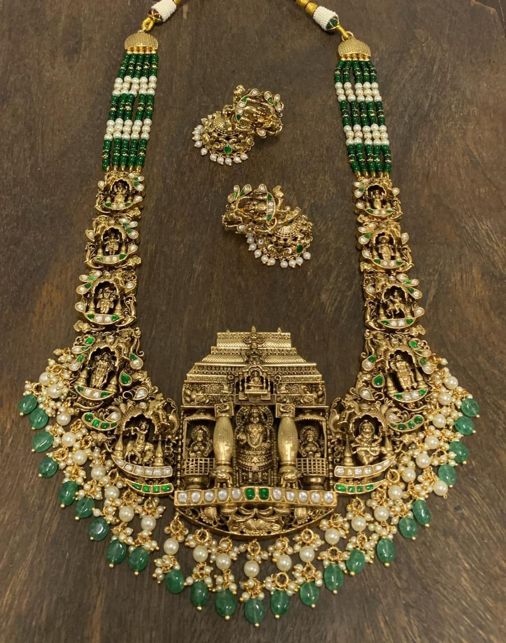 Antique Polish Jadau Lakshmi Haram With beads - PB00575