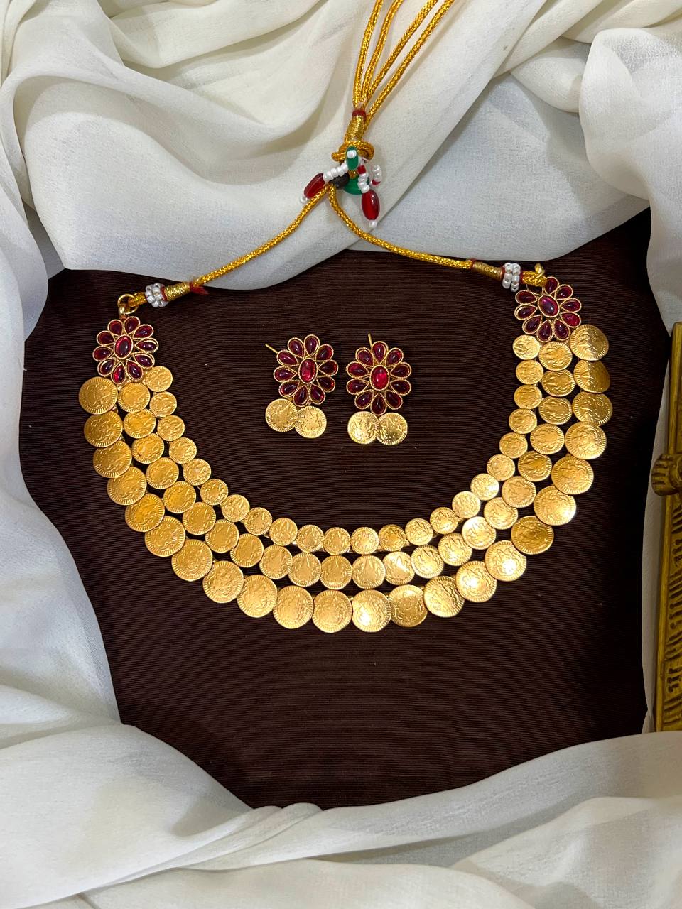 Double Step Kaasu Necklace with Kempu Stone - NN0020