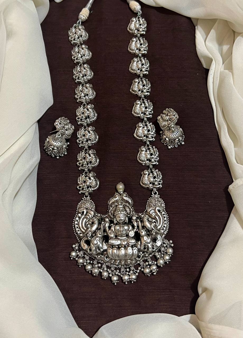 Silver Polish Lakshmi Nakshi Long Haram- NH00185