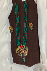 Emerald Monalisa Beads With Navarathna Pendant and Earrings - PB00610