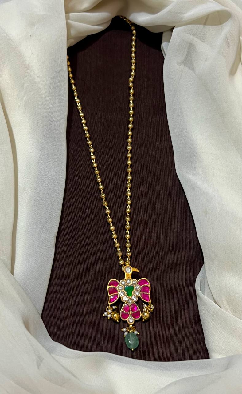 Simple Round Ball Chain With Jadau Cute Gandaberunda Pendant - KH0016